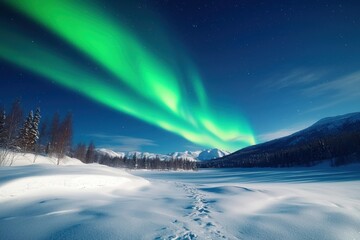 Stunning northern lights illuminating a snowy landscape at night.