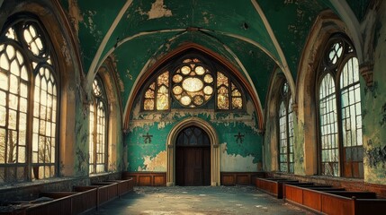 Fototapeta premium Abandoned church lobby with cracked green paint and arched entry.