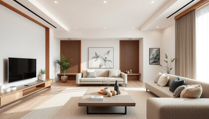 Fototapeta premium Modern living room with minimalist decor and neutral tones