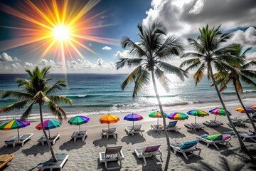 Obraz premium Tropical Beach Scene with Palm Trees and Sun Loungers for Relaxation