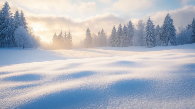 A peaceful snow-covered field with distant trees and the soft light of morning breaking through - Powered by Adobe