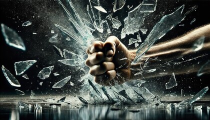 Fist Smashing Through Shattered Glass, Capturing the Moment of Impact with Flying Shards, Symbolizing Power, Strength, and Destruction
