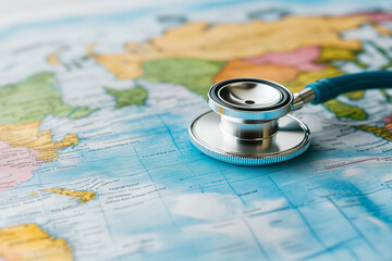 Stethoscope on world map representing global health care