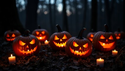 Lit Jack-o'-Lanterns at the Edge of a Dark Forest with a Twilight Sky