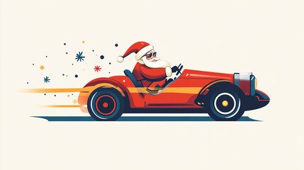 Fototapeta premium Santa Claus Driving Fast in Red Car with Christmas Snowflakes