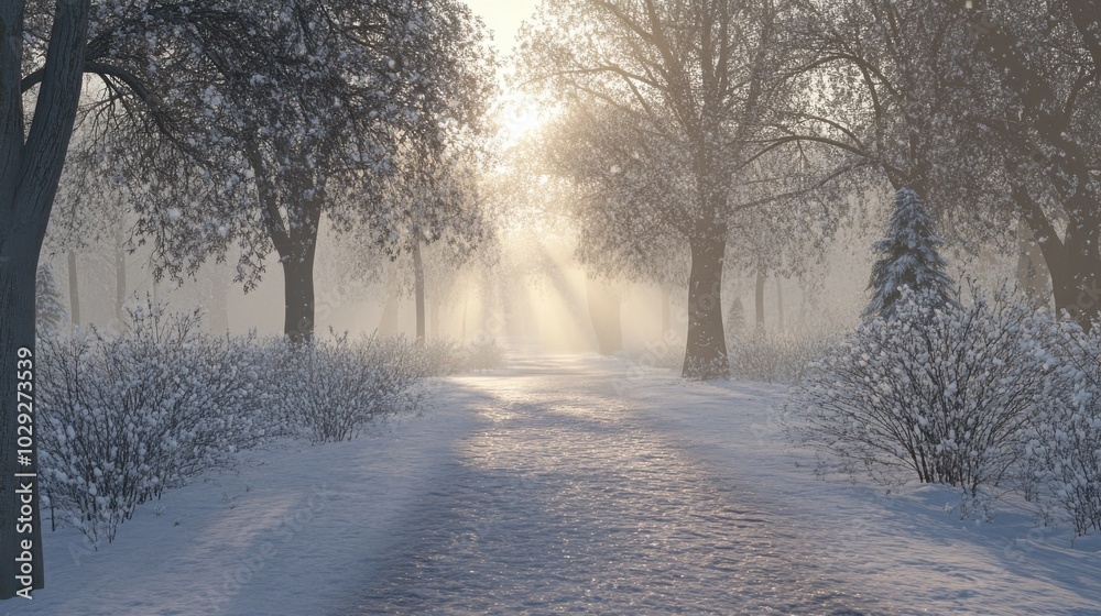 Wall mural a snow-covered path through a park, with soft light filtering through the trees in the background