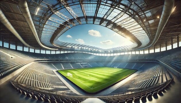 open-roof stadium bathed in bright sunlight