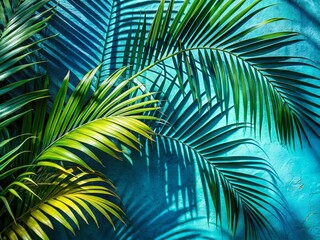 Tropical Palm Leaves Casting Blue and Green Shadows on Wall - Aerial Photography