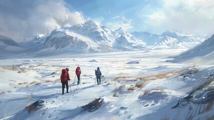 Hikers Ascending a Snowy Mountain Range