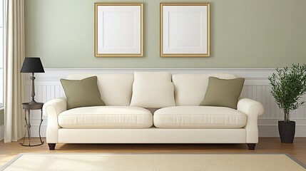 This inviting living room showcases olive green walls paired with white wainscoting, an off-white sofa with gold trim, framed art, and a soothing view of trees through the window