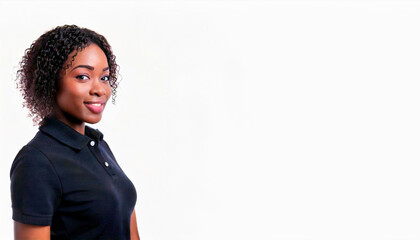 A side profile of a Black woman wearing a black polo shirt against a white background.
