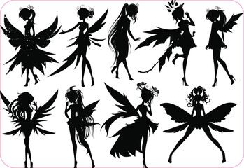 Cartoon magic fairy tale little fairies silhouettes. Magical little fairies girls flying with butterflies illustration set. Fantasy pixie creatures.