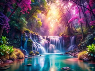 Fototapeta premium Twisted Vibrant Iridescent Gradient with Bokeh Effect in a Deep Forest Waterfall Setting
