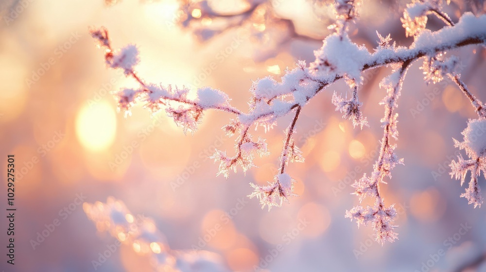 Wall mural a close-up of snowflakes on a tree branch, with the soft light of dawn in the background