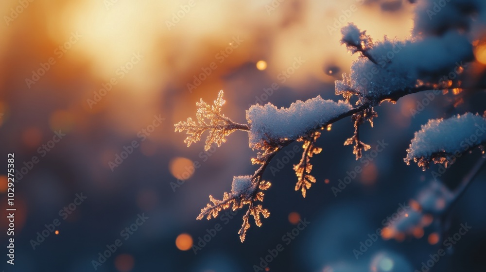 Wall mural a close-up of snowflakes on a tree branch, with the soft light of dawn in the background