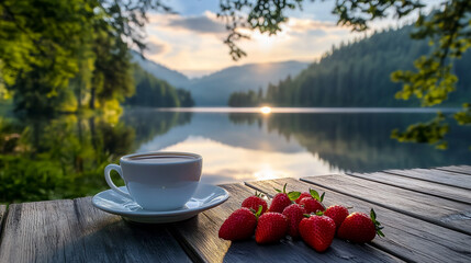 Coffee  Strawberries  Lake   Mountain Sunrise   Peaceful Morning Scene