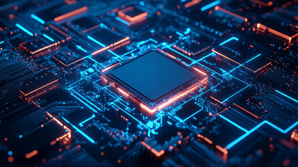 Obraz premium Abstract Circuit Board with Glowing Lines and CPU