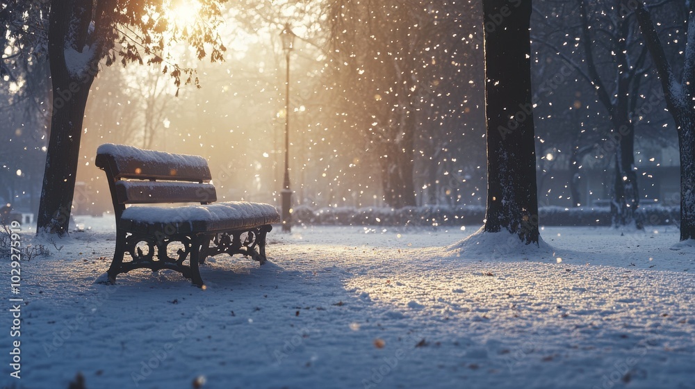 Wall mural a snow-covered bench in a quiet park, with soft light filtering through the falling snow
