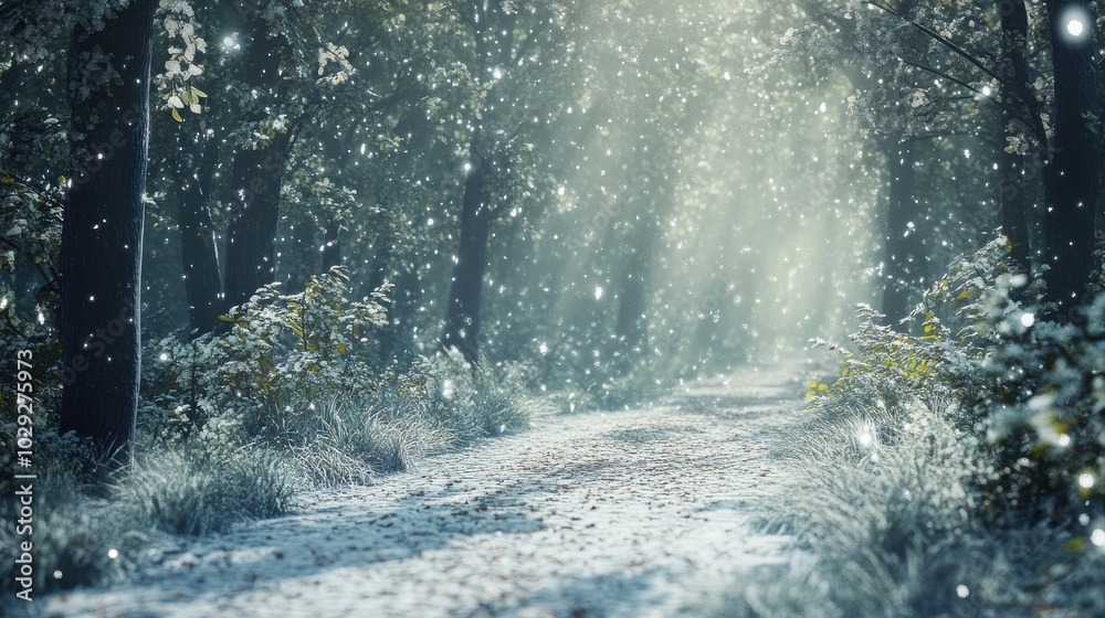 Canvas Prints snow gently falling on a quiet forest path, with soft natural light creating a serene atmosphere