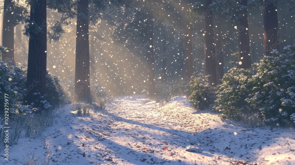 Canvas Prints snow gently falling on a quiet forest path, with soft natural light creating a serene atmosphere