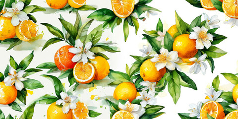 Vibrant citrus blossoms and oranges beautifully arranged in bright floral patterns