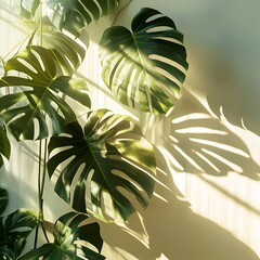 Lush green monstera leaves casting shadows on a wall, creating a serene atmosphere.