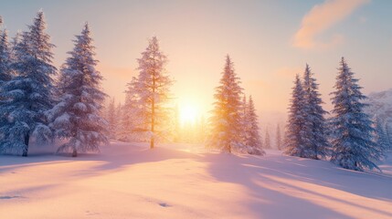 Naklejka premium A peaceful winter landscape with snow-covered trees and soft light from the setting sun