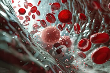 A close-up of white blood cells responding to coronavirus particles within the bloodstream