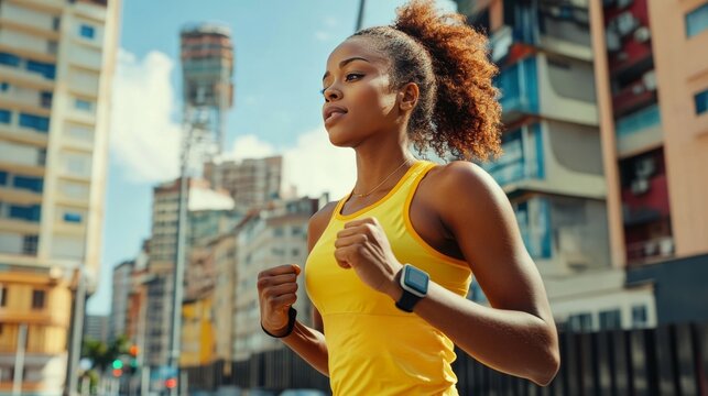 Tech-savvy fitness: Black woman using smartwatch while jogging.