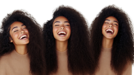 Joyful Brunette Women With Long Curly Hair on White Background Generative AI