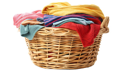 Laundry basket clean clothes cleaning chores housework, clean clothes and Wicker basket with clean laundry isolated on white background
