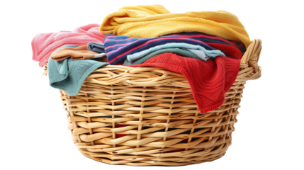 Laundry basket clean clothes cleaning chores housework, clean clothes and Wicker basket with clean laundry isolated on white background