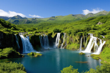 Fototapeta premium a scenic outdoor landscape with a waterfall flowing into a serene lake, surrounded by greenery, mountains, and a clear blue sky