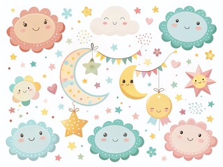 Obraz premium Cute Baby Shower Elements for Nursery Design Featuring Moon, Cloud, Star, Rainbow, and Ribbon Icons
