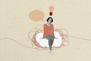 Composite trend artwork sketch image photo collage of poster young lady student sit cloud sky lamp electricity idea creative way pointer