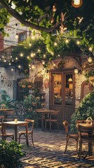 Charming cafÃ© with outdoor seating and hanging lights, 4K hyperrealistic photo