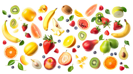 different fruits flying isolated on white background, cut out