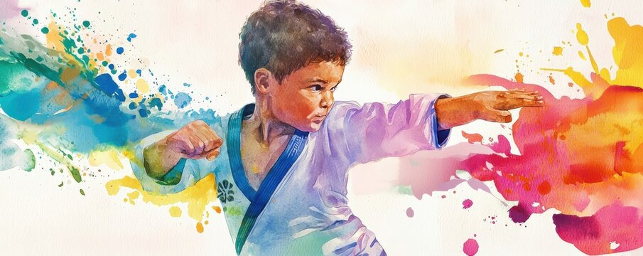Child practicing martial arts with colorful splashes.