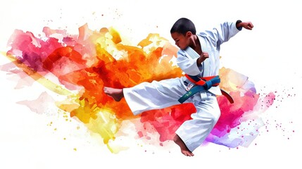Karate kid performing a dynamic kick against a colorful background.