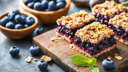 Delicious Blueberry Crumble Bars on Wooden Cutting Board with Fresh Blueberries