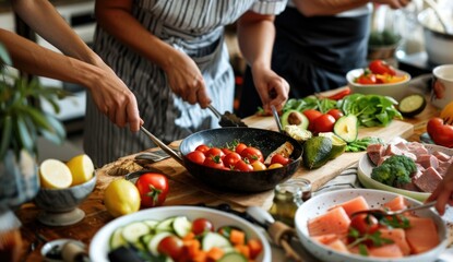 Culinary artistry in a vibrant kitchen scene with fresh vegetables and gourmet cooking