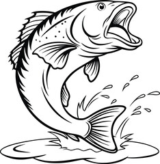 fish jumping with splash, hand-drawn fish and water splash, fish with ripples and splash, vector illustration