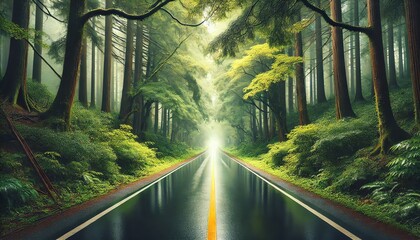 Obraz premium A straight road stretching through a dense forest with tall, vibrant green trees on both sides