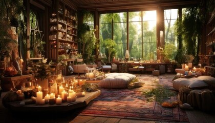 Fototapeta premium A tranquil interior space surrounded by plants, filled with candles, soft cushions, and warm sunlight, creating a cozy and inviting atmosphere.