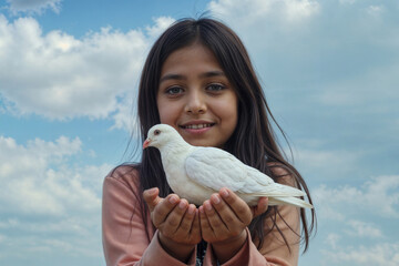 Arab girl with a white dove in her hands against the backdrop of a cloudy blue sky.