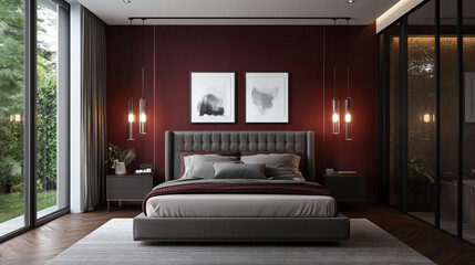 Modern Bedroom Interior Design with Burgundy Wall  Grey Bed and Pendant Lights