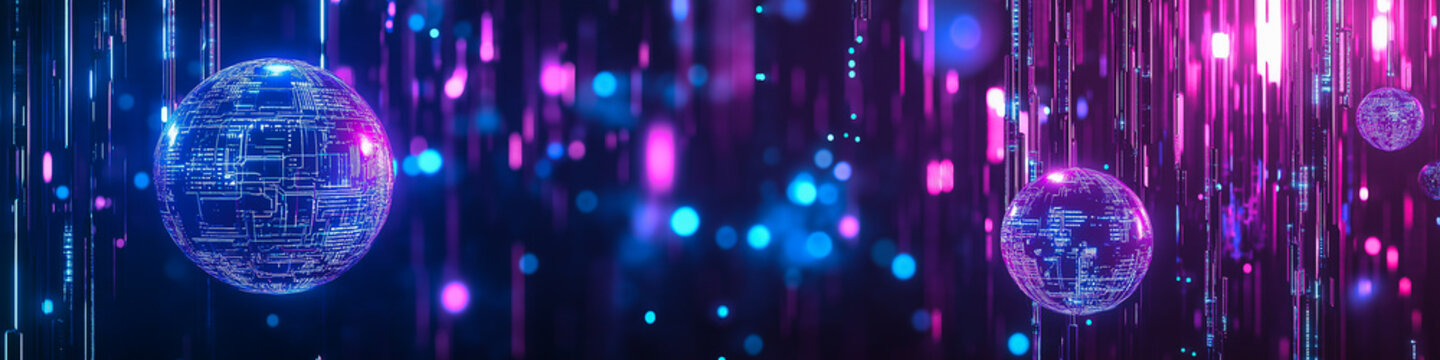Minimalist cyberpunk background, flat design with deep purple and electric blue hues, thin neon lines, sci-fi atmosphere, Design, banner, website