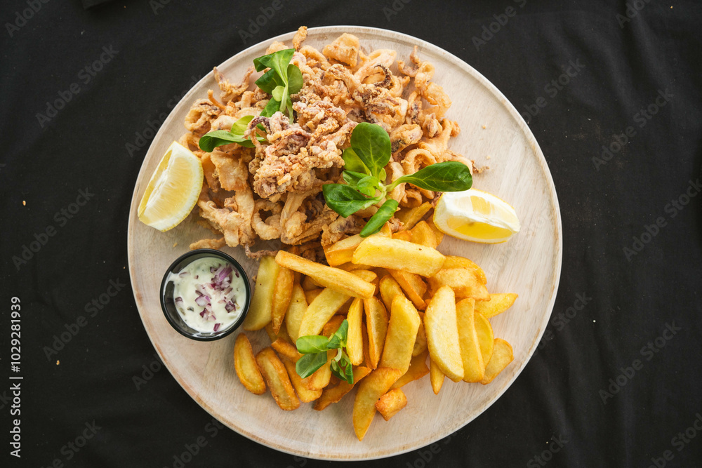 Wall mural a plate of golden fried calamari rings, served with a side of dipping sauce. the crispy batter contr