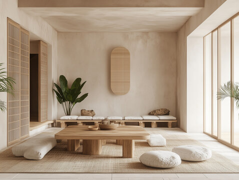 Fototapeta Japandi Boho styl oświetlony salon architektura wnętrz 01