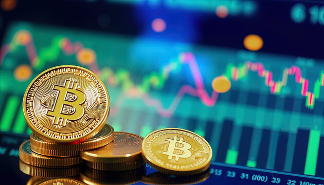 Primer plano de monedas de Bitcoin con gr&aacute;ficos de an&aacute;lisis financiero en el fondo, simbolizando la volatilidad y el crecimiento del mercado cripto.